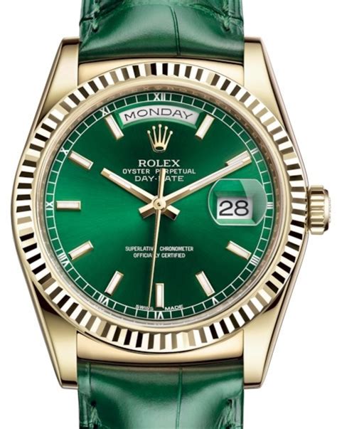 rolex day date 36 green dial leather strap|rolex anniversary edition green.